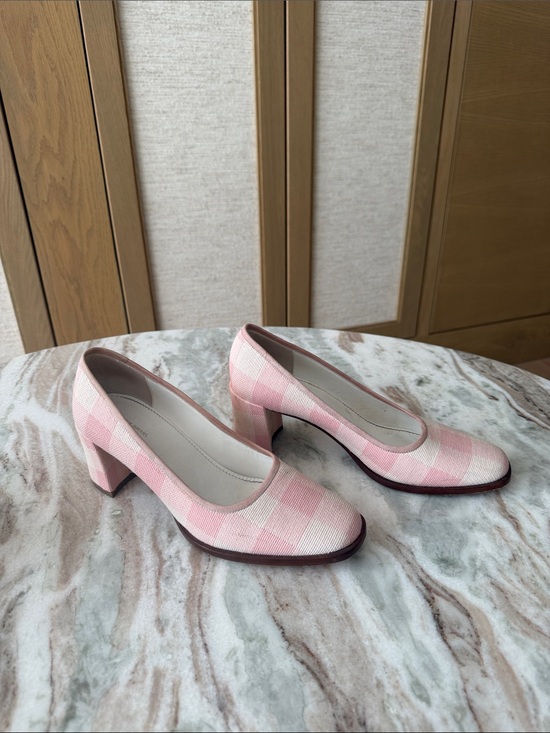 Mansur Gavriel Shoes - Mansur Gavriel Pink and Cream Plaid Block Heel Pumps